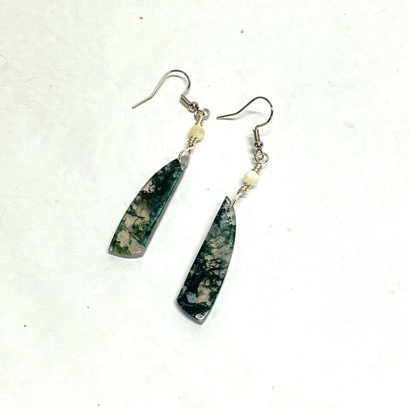 HANDCRAFTED Moss Agate & Mother of Pearl Hand Wrapped Casual Earrings, Gift Her - Picture 8 of 10